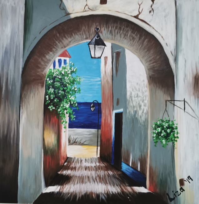 This is a painting of old buildings in a street. The ocean is visible in the background.